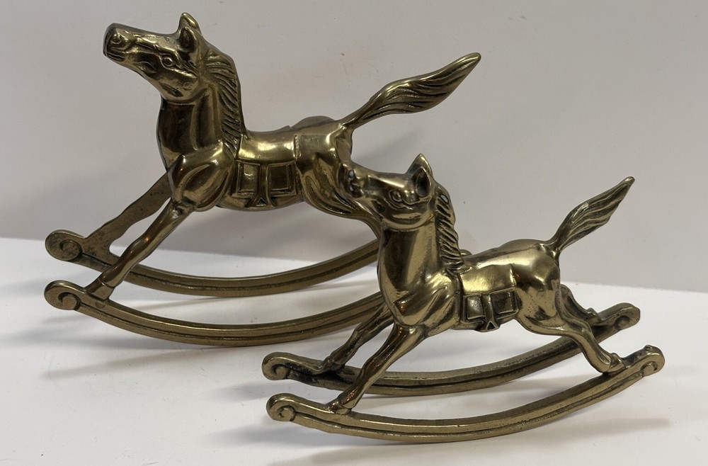 Pair Brass Rocking Horse Nursery Decor Figurine Statue 6” X 7.25” And 4.75” X 6”