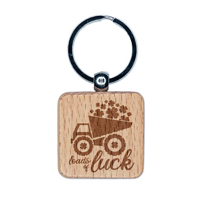 Loads of Luck Construction Truck St. Patrick's Day Engraved Wood Square Keychain
