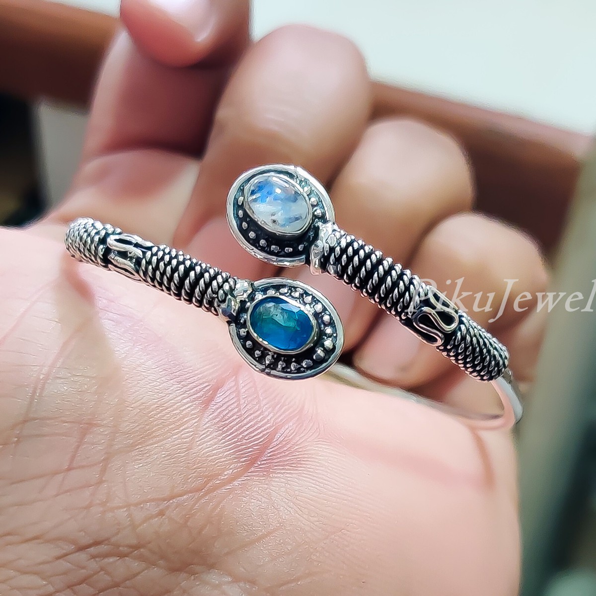 Moonstone & Blue Topaz Gemstone 925 Sterling Silver Cuff  Moonstone Blue Topaz 925 Sterling Silver Cuff Bracelet display picture 1