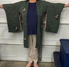 Vintage 1940s-50s Japanese Kimono WWII Green Silk No Obi 21-21