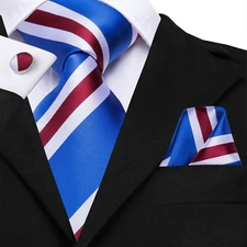 Sea Blue, Red, & White Necktie, Hanky, & Cufflinks Set,
