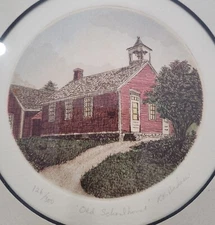 Artist Rachel Badeau - Framed Hand Colored Round 1991 Etching “Old Schoolhouse”