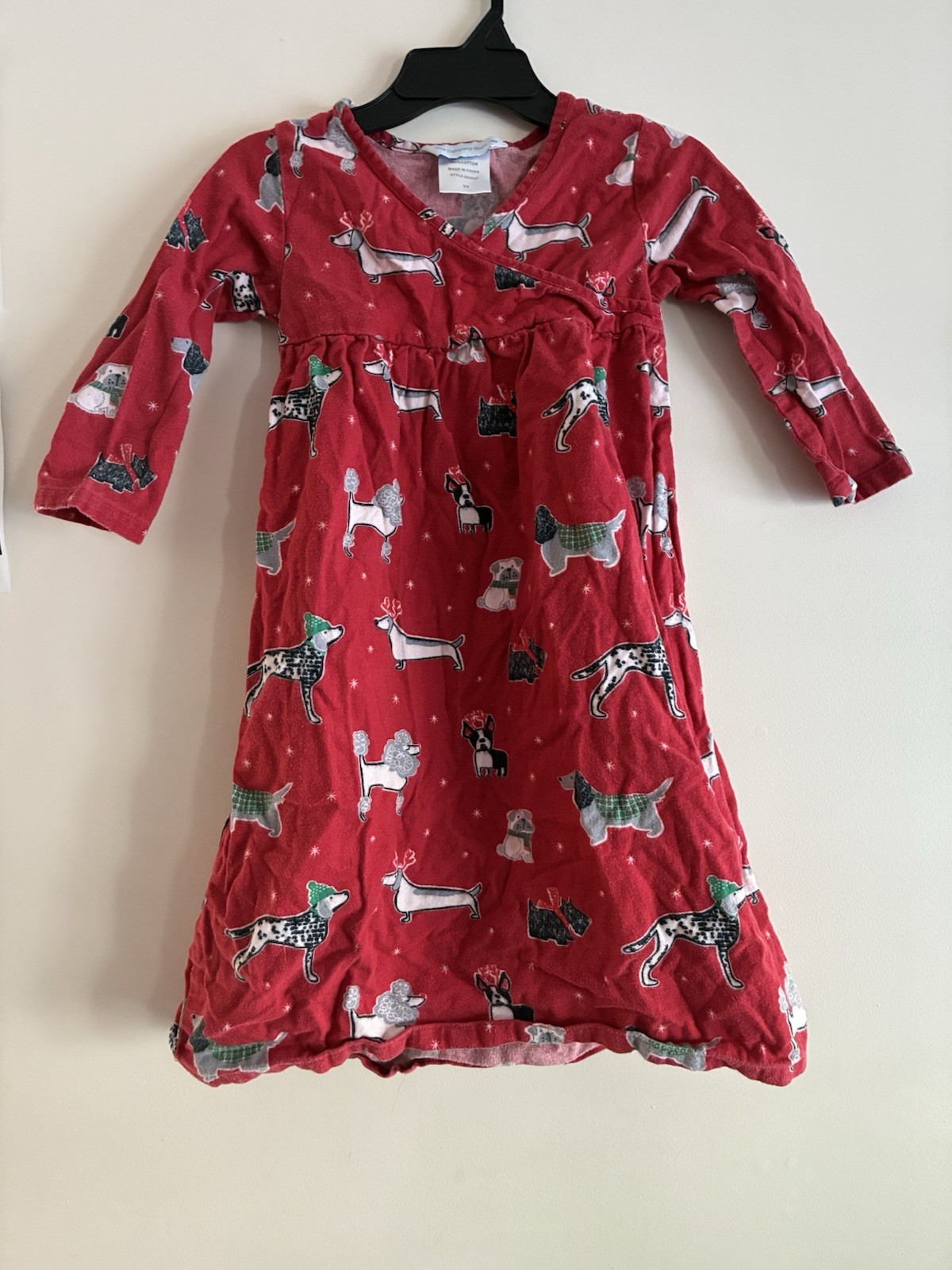The Company Store Kid Girl Cute Dog 100% Cotton V-Neck Long Sleeve Dress Red 5/6