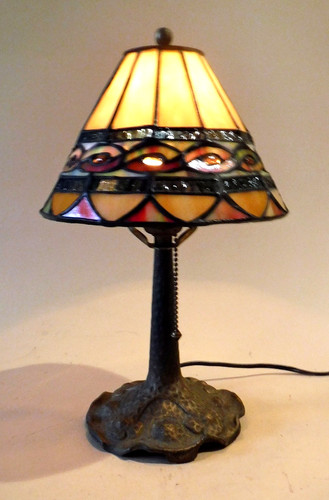 Antique Boudoir Accent Lamp Base + New Signed Stain Glass Leaded Shade