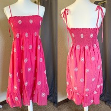 J.Crew Pink Embroidered Smocked Tie Shoulder Midi Dress Womens