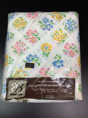 Vintage BIBB Double Full Size Fitted Sheet Floral Trellis Print NOS READ