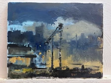 Asia Cityscape Trainyard Modern Cubist Original Oil Painting 16”x20” Canvas