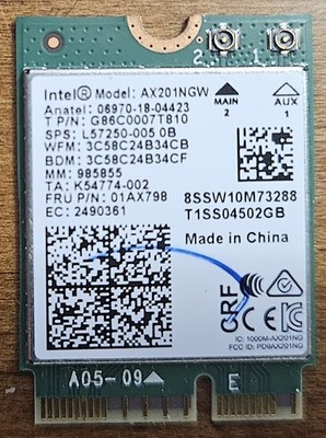 INTEL  AX201NGW DUAL BAND Wi-Fi 5.0 AND 2.4GHZ + BLUETOOTH NETWORK CARD