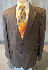 Jos A Bank Signature Jacket 46R Silk Camel Hair Brown Blue Plaid Sport Coat