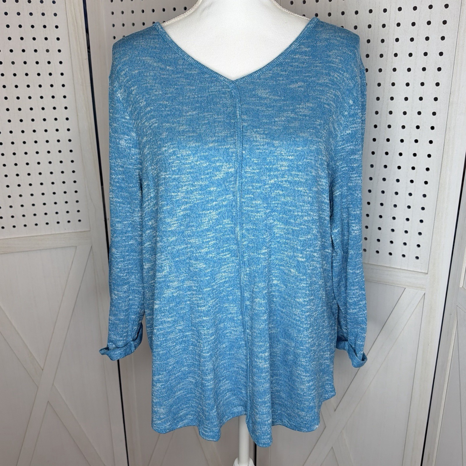 Chico's Women’s Size 3 Blue Marled Knit Tunic Top Long Sleeve V Neck Casual XL