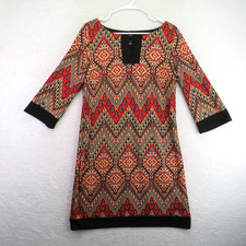 RMLL Dress Womens 8 Boho Geometric Print 3/4 Sleeve Tunic Retro V Neck