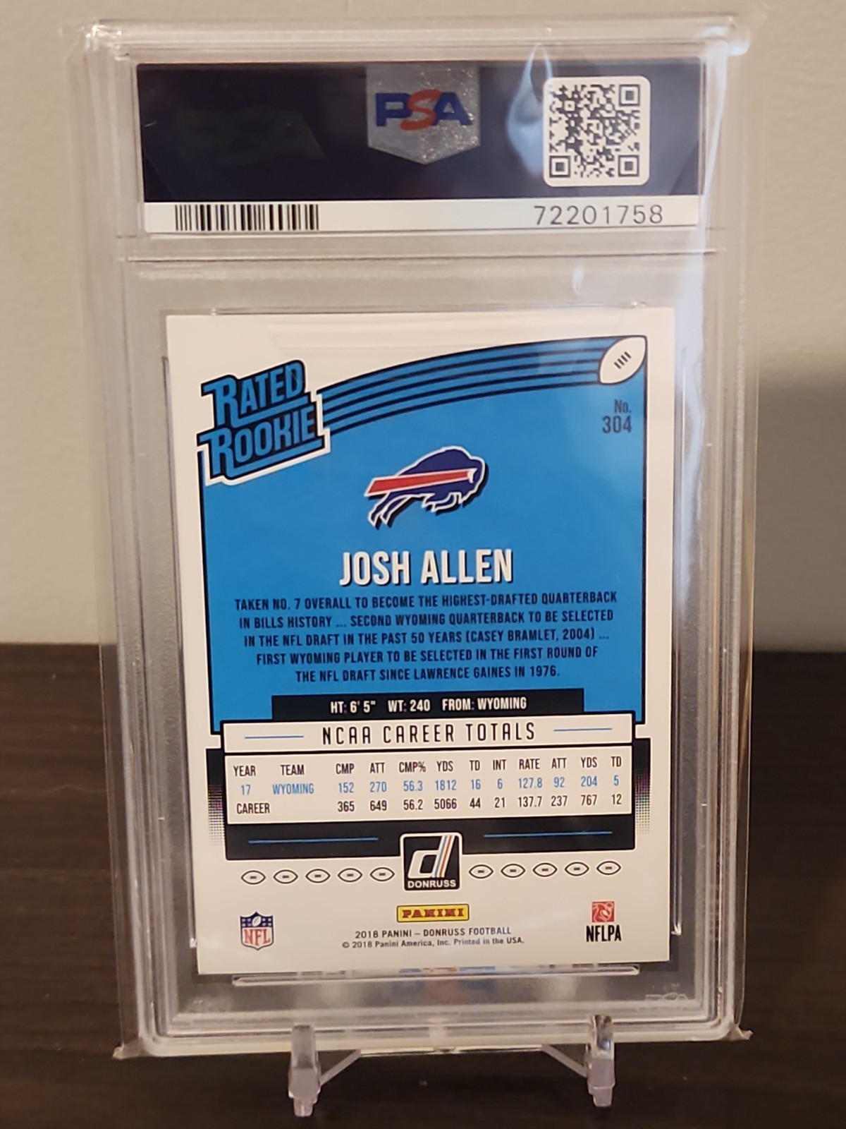2018 Panini Donruss Rated Rookie Josh Allen #304 (RC) BILLS PSA 9 view 2