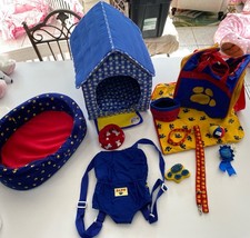 Build A Bear LOT 13 DOG Backpack Blue Carrier HOUSE BED LEASH BRUSH BLANKET BALL