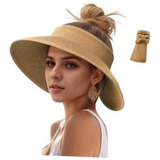 Sun Hats Visor for Women, UV UPF Straw Beach Hat Foldable Wide Brim Khaki