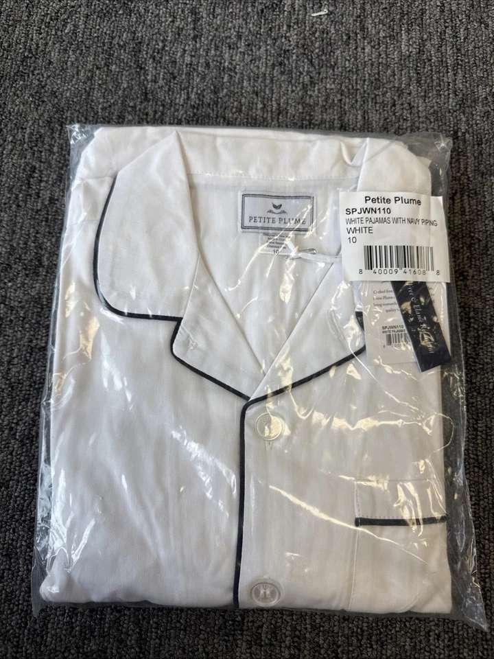 Petite Plume Kids White Pajamas Wt Navy Piping Size 10 - Image 3 of 4