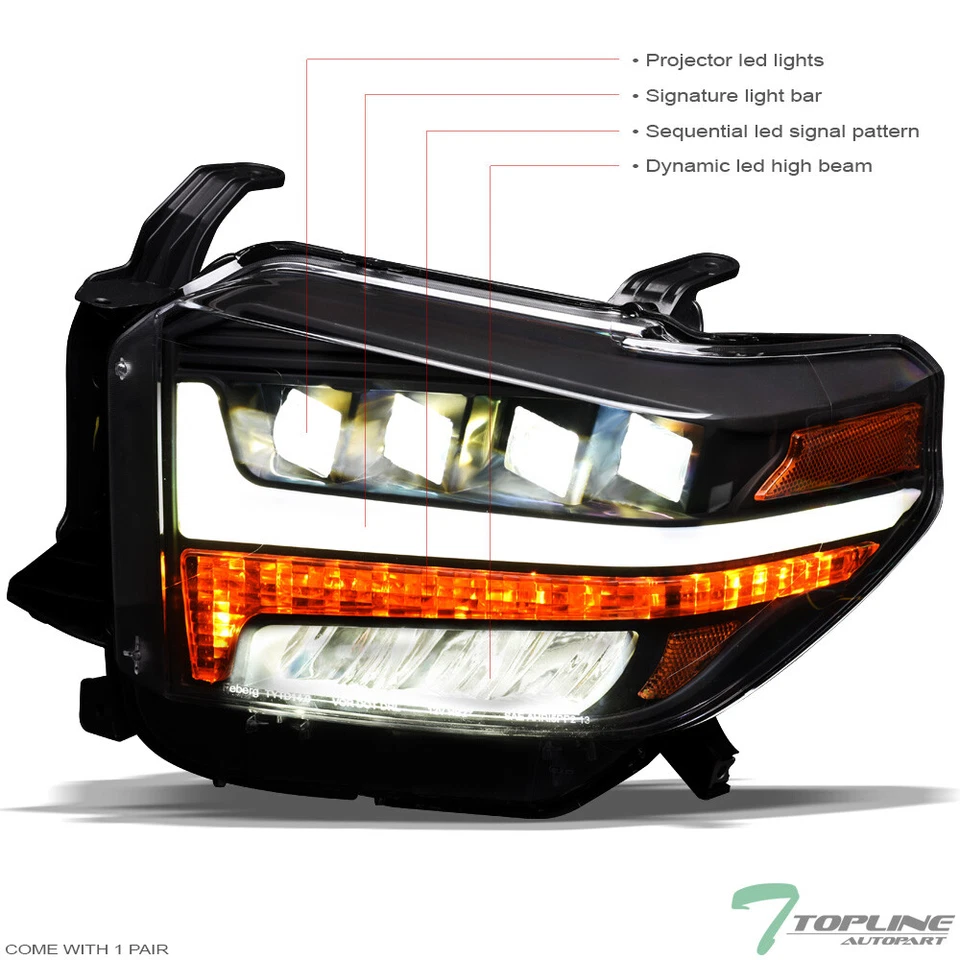 Topline For 14-21 Toyota Tundra Full LED Sequential Projector Headlights - Black - Image 3 of 4