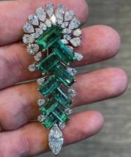 Lab Created Green Emerald Marquise, Pear CZ Vintage Luxury Brooch 925 Silver