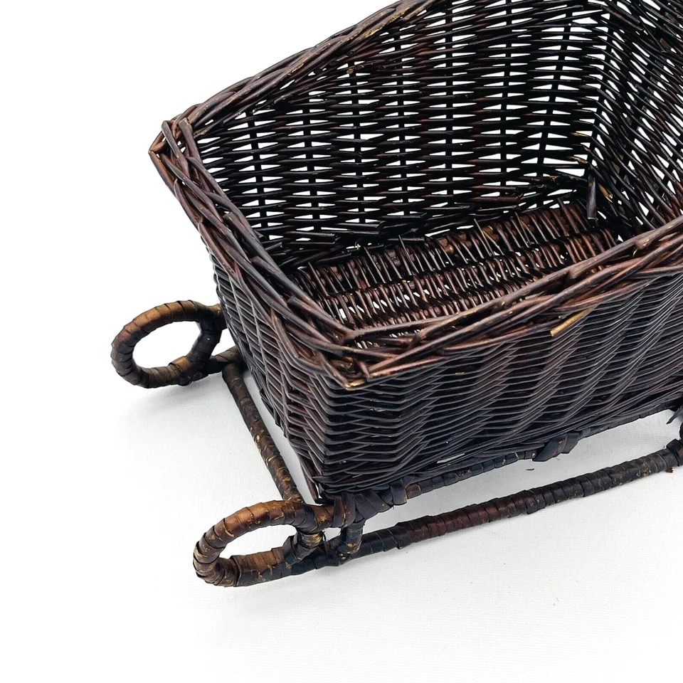 Vtg Wicker Sleigh Home Decor Christmas Winter Decoration Gift Basket Dark Brown - Image 3 of 4