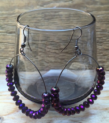 Sparkly Glass Bead Hoop Earrings/Iridescent Purple/Big/Pierced/Dressy/Faceted
