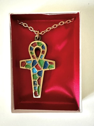 Vintage F.S.S. Enamel Mosaic Ankh Cross Necklace Brass 23" Chain Old Stock NIB
