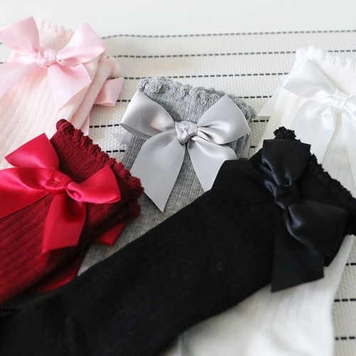 Soft Cotton Lace Socks - Solid Bow Knee High Long Sock Children Footwear 1Pair - Picture 2 of 33