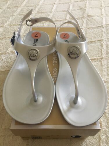 New Michael Kors Silver Jelly PVC Sandals Flats Logo 7 Open Toe - Picture 2 of 4