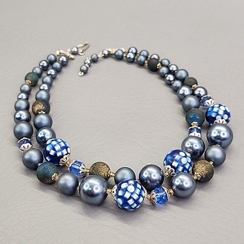 Beaded Necklace Vtg Teal Blue Round Acrylic Layered Graduated Japan 16" - Picture 6 of 15