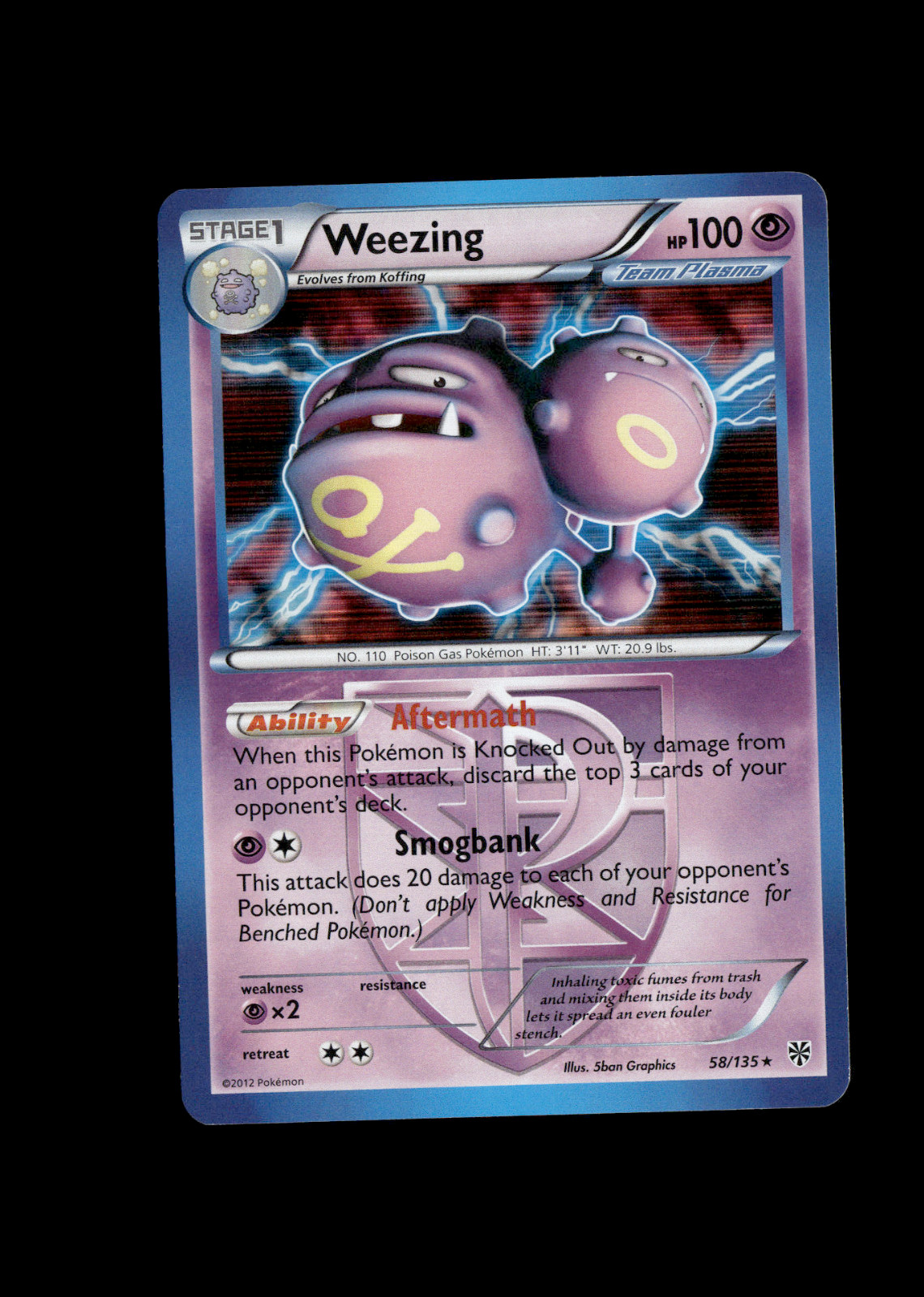 Pokemon 2012 Light Play Weezing 58/135 Plasma Storm Holo Card
