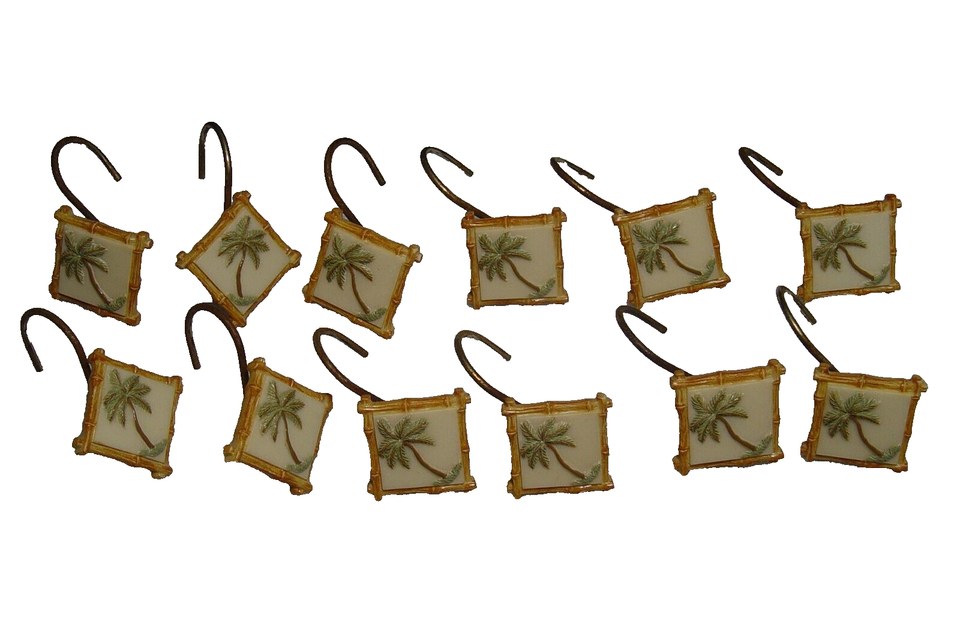 Springmaid Beige Ivory Square Palm Breeze Tree Bamboo 12 Shower Curtain Hooks eBay