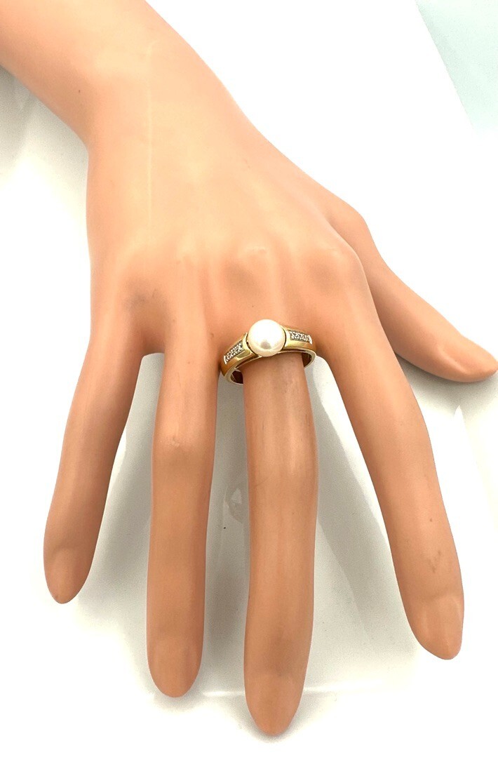 Bague Alliance Or 18 Carats Avec Perle Et Diamants 0,16 Ct - 4,73 G - Taille 57 - Occasion