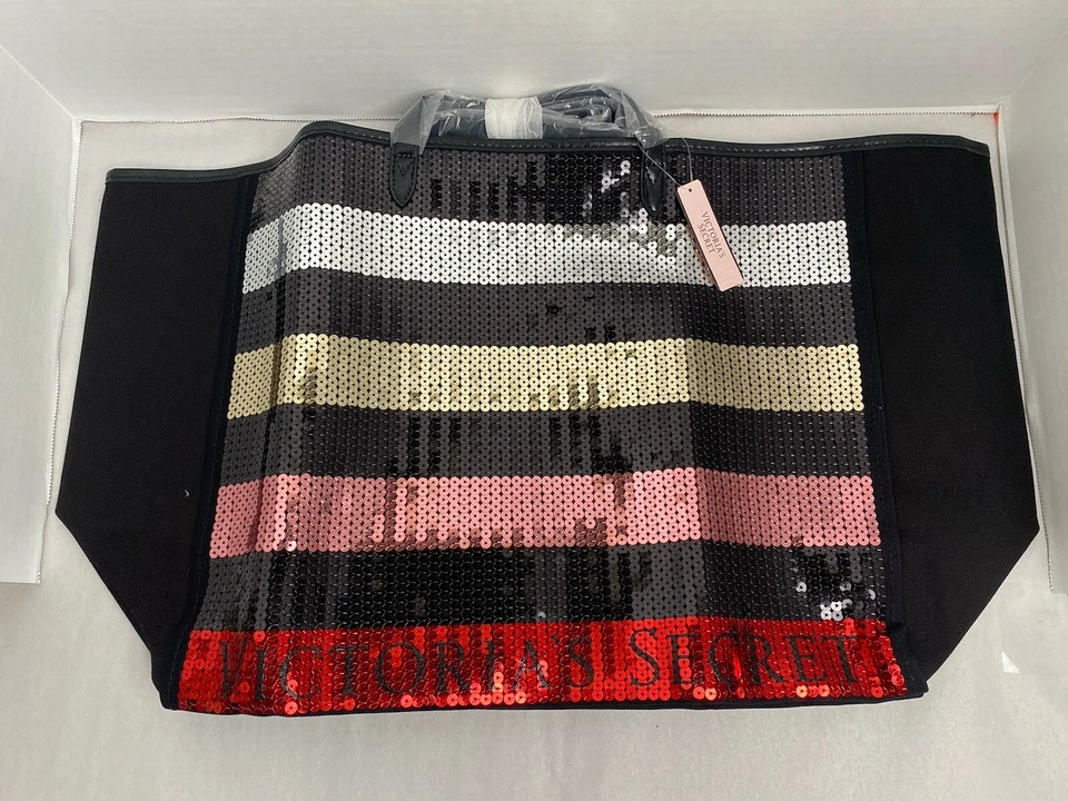 Victoria Secret Tote Bag Large Travel Sparkling Sequin Stripes w Makeup Wristlet - Image 4 of 4