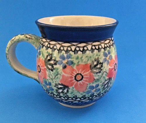Polish Pottery Bubble Mug Unikat Floral In Blues Greens Peach 16 oz, 4" Tall