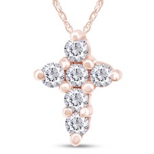 14K Rose GOLD PRONG SET TINY DIAMOND CROSS PENDANT NECKLACE 18" -IGI-