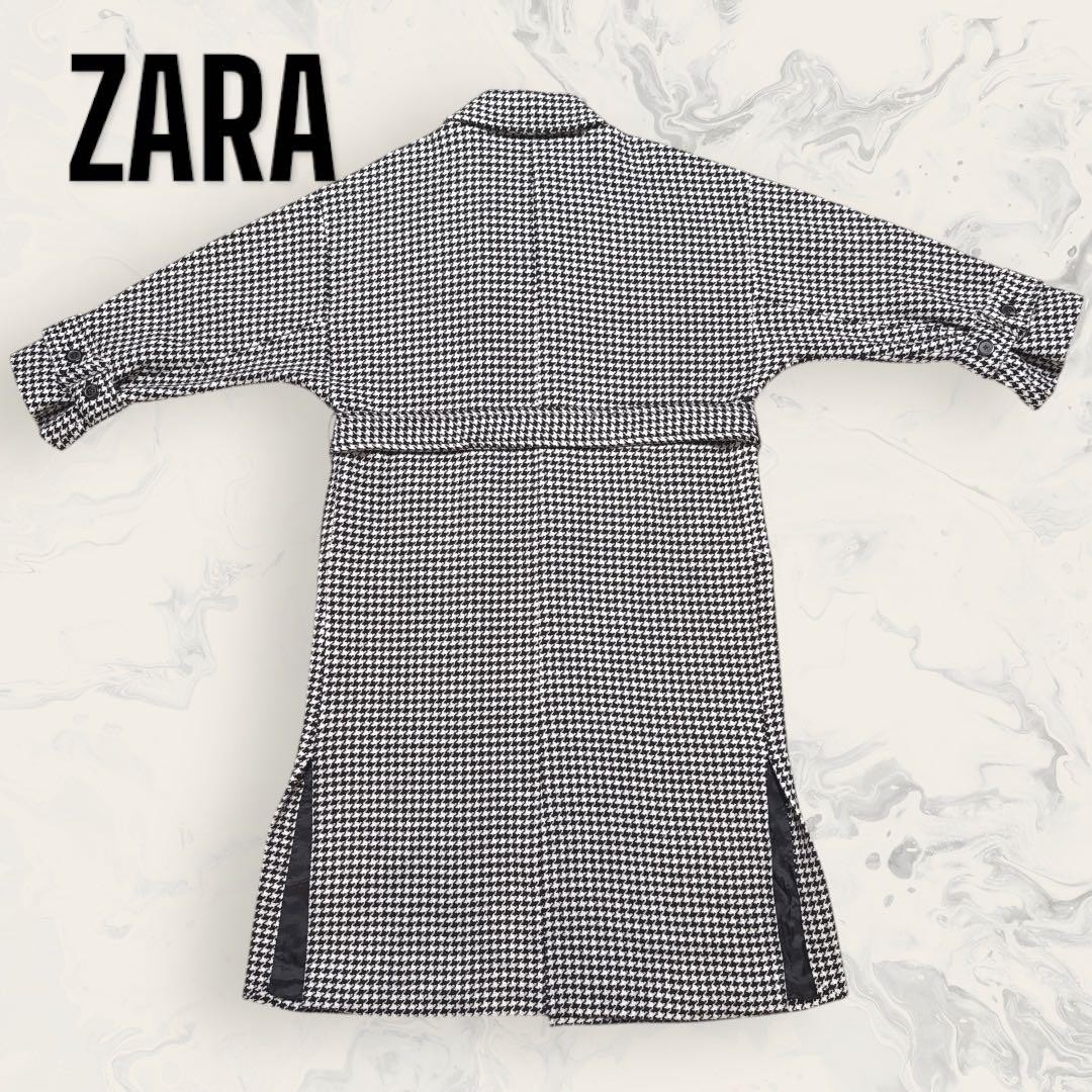 ZARA Wool Blend Houndstooth Long Coat Belted Women L 120cm Very Good thumbnail 5
