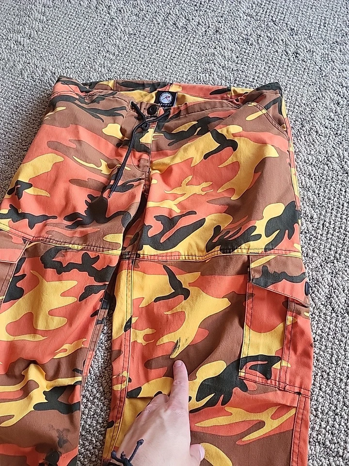 Rothco Camo Cargo Pants Sz XS Paratrooper Drawstring Waist Orange Y2k Raver 90s - Image 2 of 4