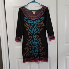 Flying Tomato Black Damask Geometric Knit Sweater Dress 3/4 Sleeve SW3245 Medium
