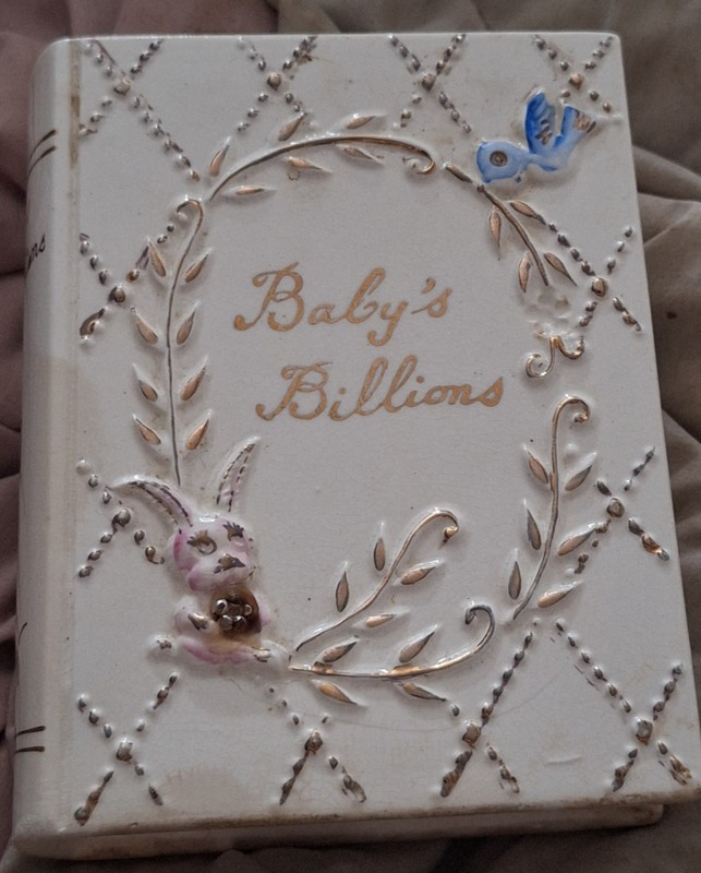 Tilso Baby’s Nursery Ceramic Book Shaped Bank ‘Baby’s Billions’ Marked 52/899