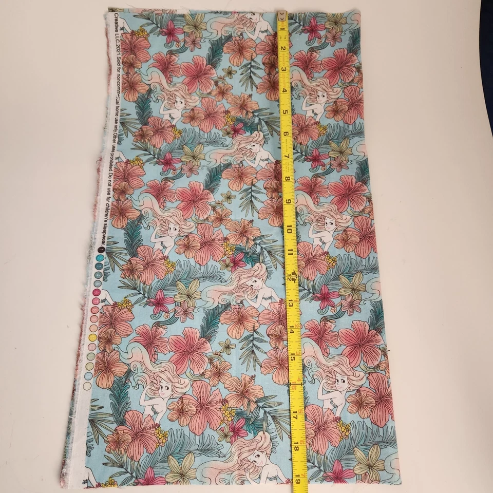 Little Mermaid Tropical Floral Cotton Fabric 19 x 45 Disney Princess Ariel - Image 3 of 4