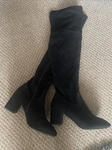 Boohoo Women's Black Suede Short Zip Over The Knee Boots UK Size 7 EUR 40 -A63 - Picture 2 of 3