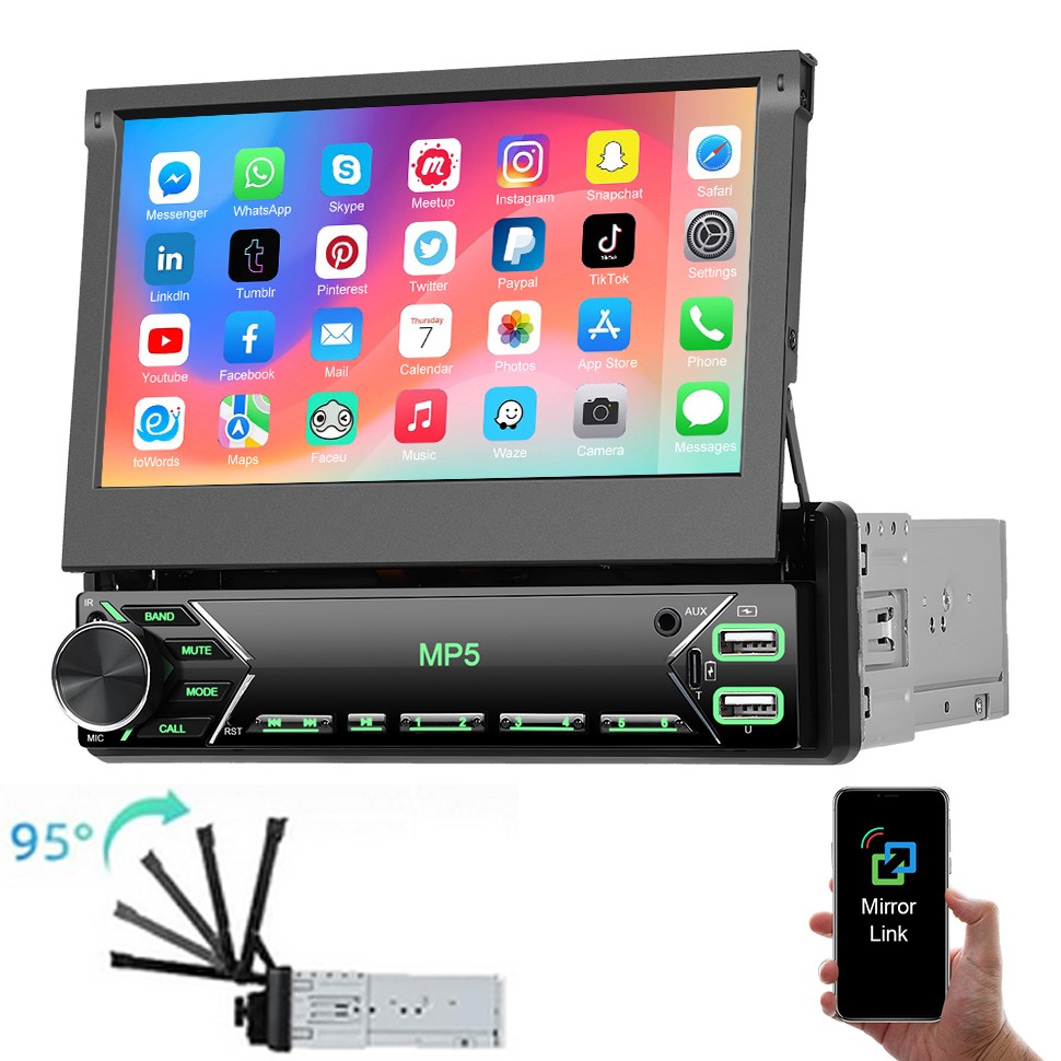 Autoradio Flip 7" 1 Din con Vivavoce Bluetooth FM USB AUX Type C