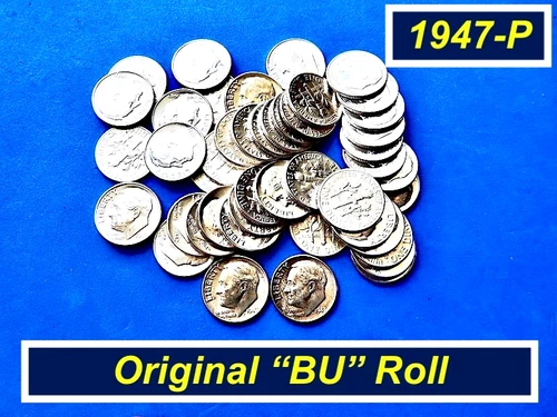 GEM 1947-P Original  "BU" Roll Silver Dimes ➫ Toned End Coins ➫ R47
