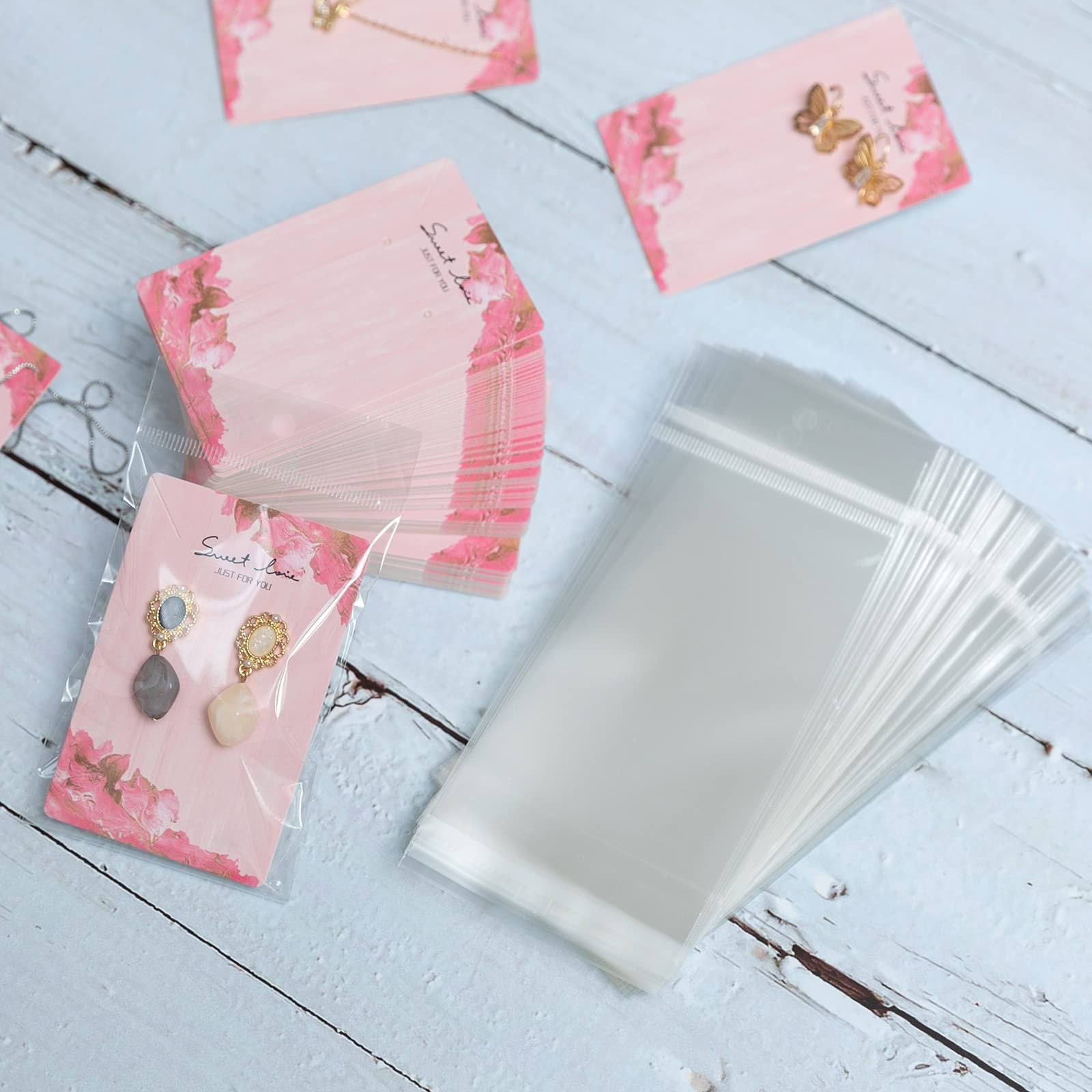 3.5 x 2.4 inch Pink Necklace Display Cards With Bags Earring Display Cards Se...