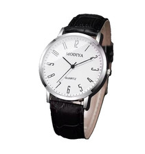 Basic Easy To Read Quartz Watch Cheap PU Leather Strap White Clear Face