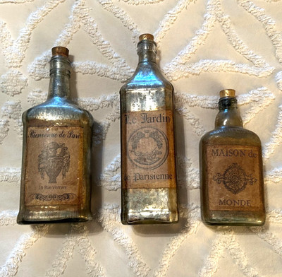 3 Vintage FRENCH MERCURY GLASS BOTTLES Sepia Paper Labels Cork Stoppers France ?