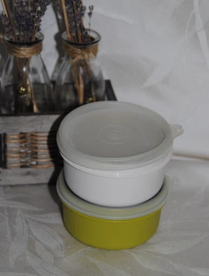 🌟TUPPERWARE Petit Ravier Boite Vert Blanc Couvercle H Ø 9 Cm Ancien Vintage - Photo 1/3