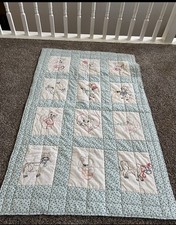 Beautiful Vintage Style Handmade Embroidered Baby Quilt - Light Blue