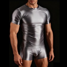 Men Glossy Satin Sport Tracksuits Fitness Breathable Tops Shorts Activewear Sets