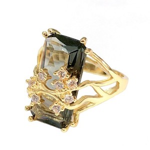 Authentic Luxury Rectangle Champagne Crystal Wedding Finger Ring 14k Gold Plated Jewelry