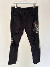 Young & Reckless Jeans Mens Size 34 Distressed Fire Dragon Fish Flames Skater