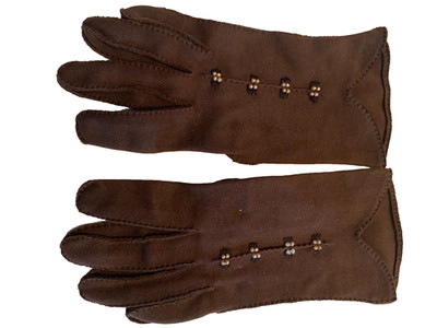 Vintage ELVETTE by DAWNELLE Brown Gloves Beaded Wrist Length Hand Sewn Size 6.5